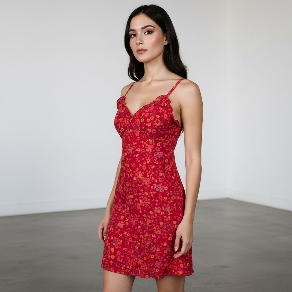 Express vibrant floral botanical print sundress w ruffled sweetheart neckline